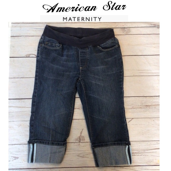 American Star Original Maternity Demi-Panel Rolled Cuff Denim Capri Pants Size S - Picture 1 of 6